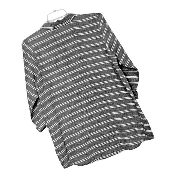 Linen Button Top Gray Stripe 3/4 Sleeve HABITAT L Coastal Grandmother Lagenlook - Picture 2 of 10